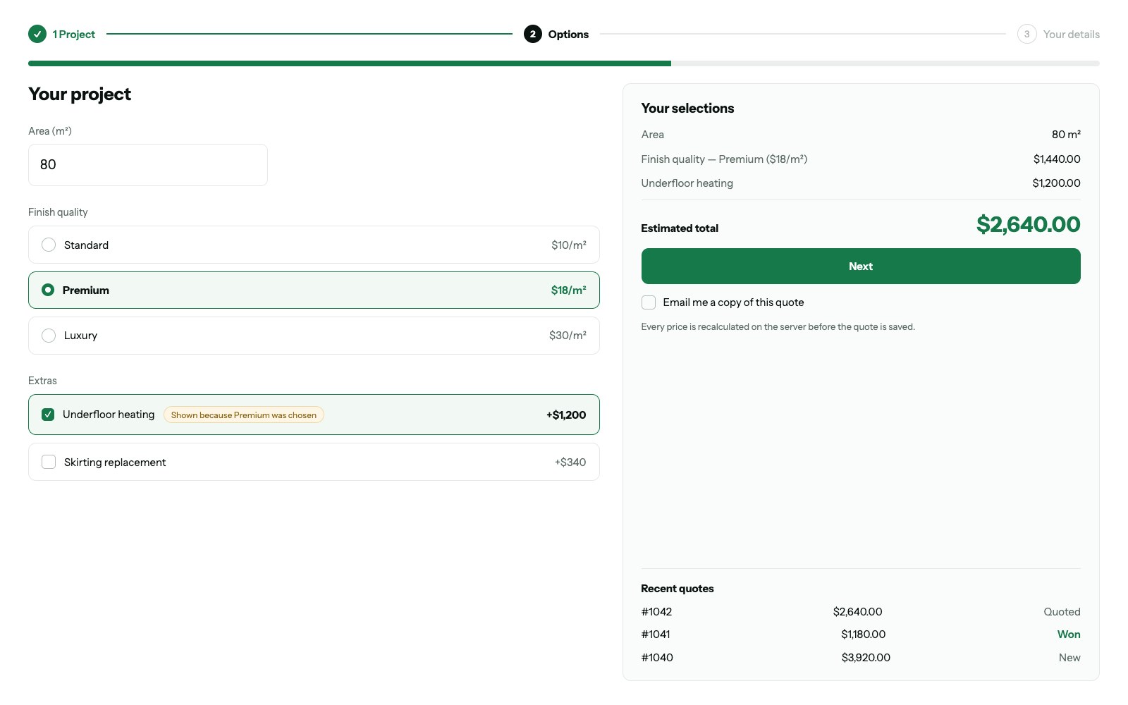 A multi-step construction estimate form: an area in square metres, three priced finish grades, a running list of selections and a live total of $1,440.
